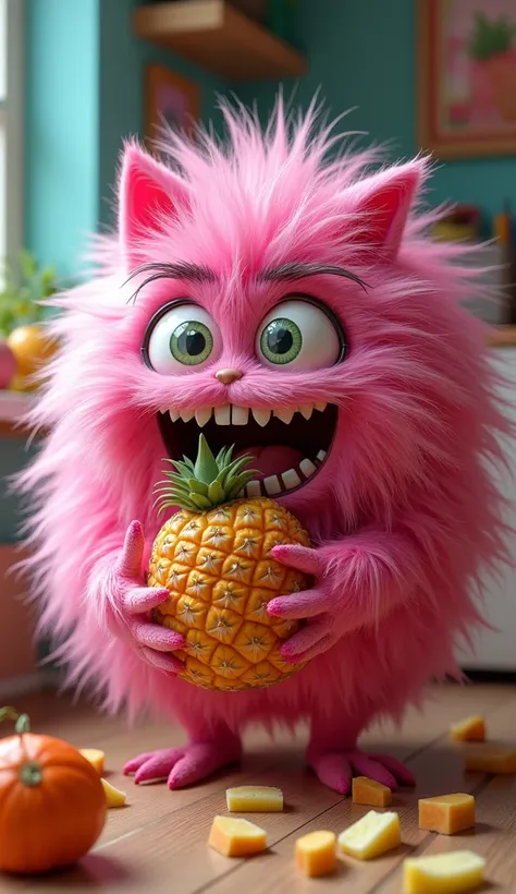 Base Prompt: I want to create a pink furball character, funny and lively, but with a scary and comical touch, eating pineapple. --- Chain of Thoughts 1. The overall appearance: The character is a ball of fluffy, voluminous pink fur, with a soft but slightl...