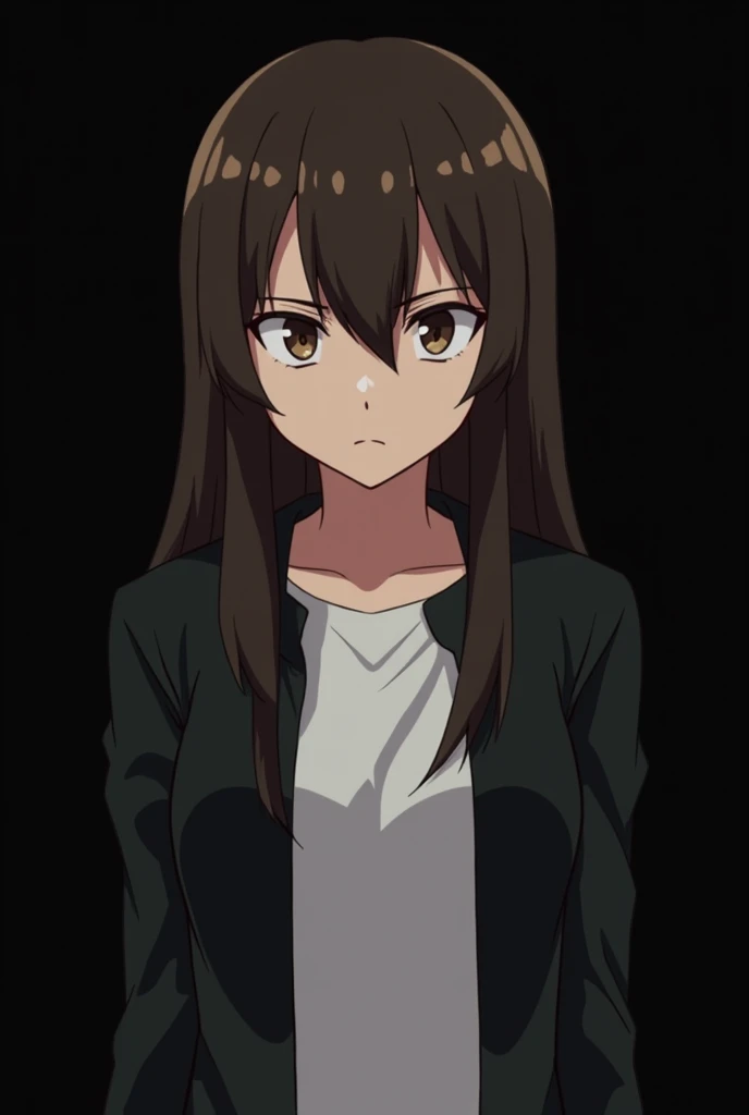  The image shows an anime-style girl ,  with long dark brown hair and light brown eyes,  wearing a black jacket and a white shirt , The background is black and dark ,  the girls expression is angry and serious .