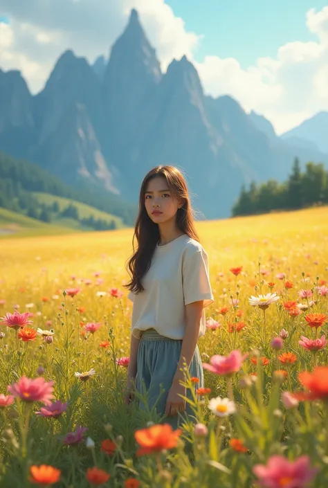 Realistic picture of a Teenage girl standing in a big field, flower plant surrounded her.  big mountain stands Long across