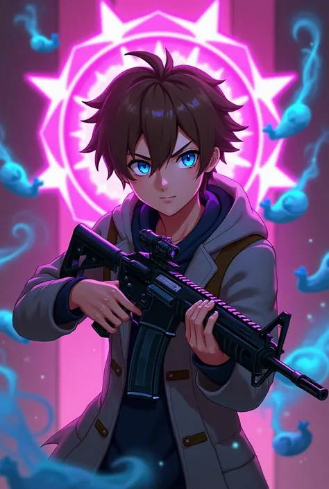 A profile picture for Twitch: an genshing impact boy with brown hair and blue eyes holding an assoult rifle, while some fuschia gem sorrounds him as well as blue snails casting blue smokes, he is a hunter ready to shoot as his pray