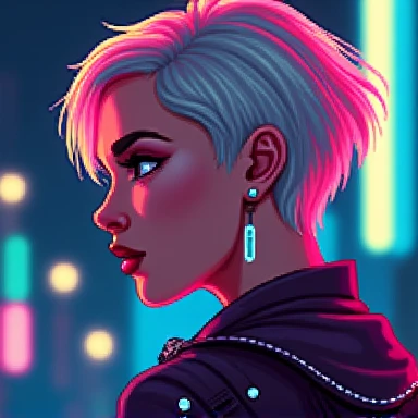 A vibrant cyberpunk-style pixel art portrait of a stunningly beautiful woman with short neon-colored hair and glowing cybernetic elements. The woman is looking to her left, her eyes glowing softly. The style is pixelated and specifically designed for a 64x...