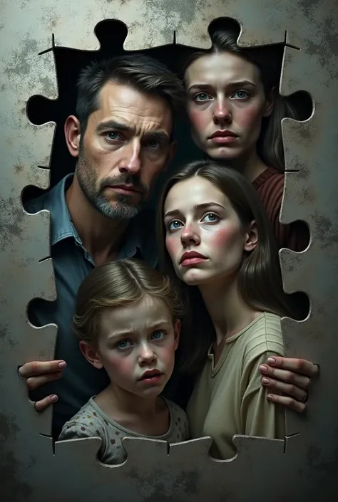 create an image of a sad family puzzle of real people 