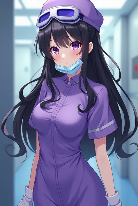 A bishoujo anime girl with black hair and purple eyes wearing a purple surgical                 gown a purple bouffant cap a purple surgical mask purple latex gloves and goggles over  her eyes