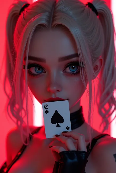 a fierce anime girl Harley Quinn, beautiful detailed eyes, beautiful detailed lips, extremely detailed face, long eyelashes, holding a white spades card, neon in shadow, white spades card in background, red background, 4k, 8k, highres, masterpiece:1.2, ult...