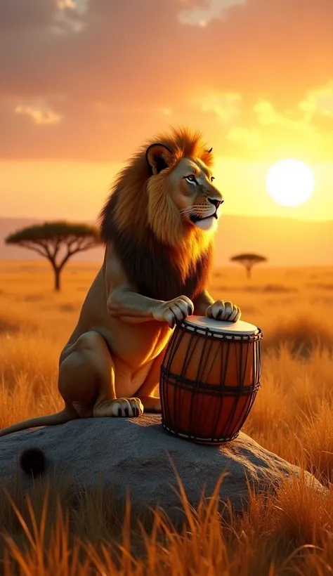 A highly detailed and photorealistic rendering of a majestic lion sitting on a large rock in the heart of a vast savanna, playing a traditional African drum with its paws. The lion’s fur is meticulously rendered, capturing the golden tones and fine texture...