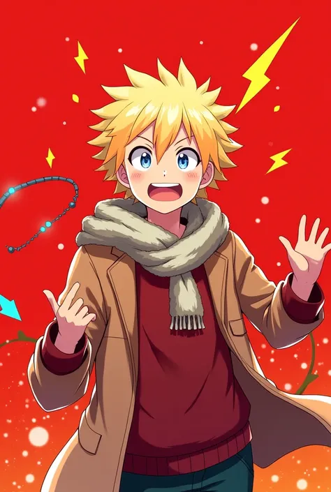 Zenitsu Agatzuma at Christmas with a red background 