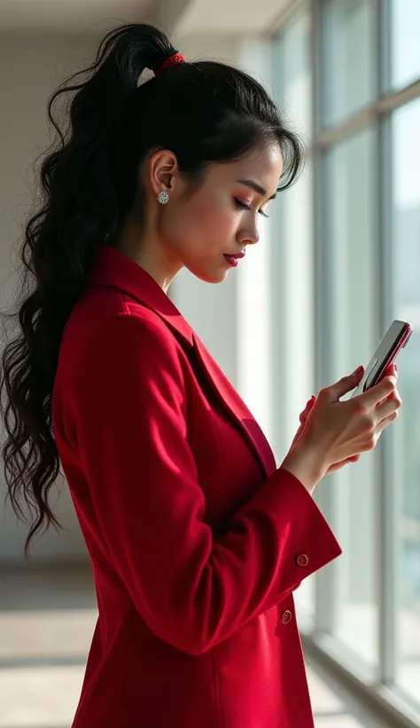 A 30-year-old woman with very long, curly black hair tied in a tight ponytail. She is wearing a casual red outfit. She is in profile looking at the photo, holding an Apple iPhone 15 smartphone in her hand. The background is a sophisticated office with glas...