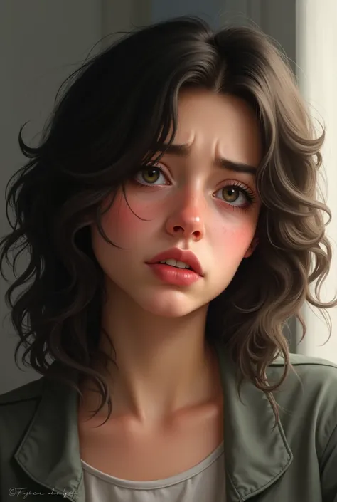 Create a real-life image of a teenage character from Força Danger,  Your hair is wavy and large ,  your face has a small speck near the right corner of your chin , Look half saggy .