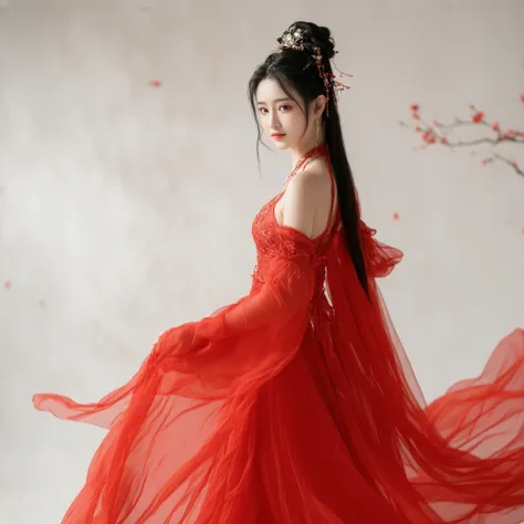 18 year-old chinese princess,petite,cute,skinny,long black hair,very large breasts,generous cleavage,red dress,(very detailed),(ultra-realistic)