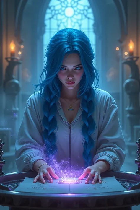 Blue-haired girl with long braids in the arcane themed gym