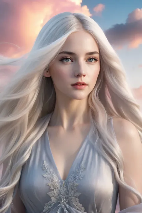 A photorealistic image of a beautiful young woman with long white hair, her roots showing a striking black contrast, facing the viewer directly. Her bluish-gray eyes hold a serene and contemplative expression, mirroring the soft colors of the sky behind he...