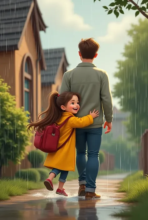 cartoon of a little  girl with long brown hair is running in the rain outside the house, carrying a red duffel bag and wearing a yellow raincoat hugging his father in an ash shirt in front of the house