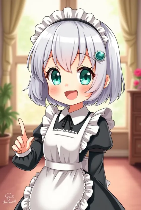 Female cartoon character with mint-colored eyes and short white hair wearing a maids book