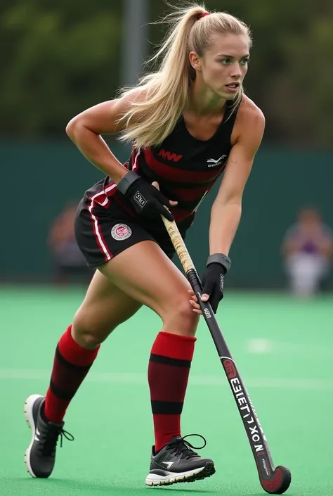 A female field hockey player with a stick in her hand, full body stop.  She is a blonde with green eyes and a face she is a mix between Margot Robbie and Megan Fox. She has a nice ass 