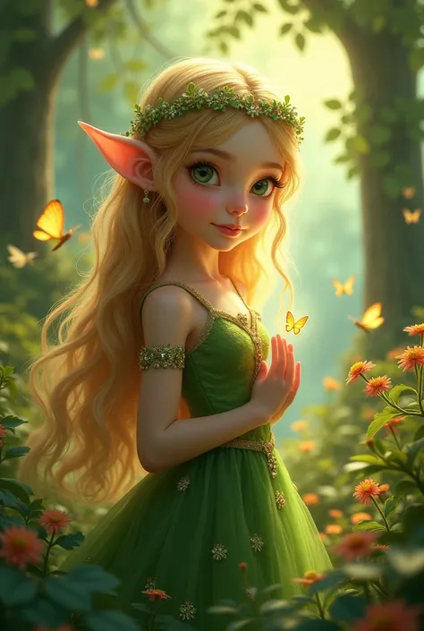 "Create an image of a beautiful elf girl with long golden hair and wide eyes, wearing an elegant dress in shades of green and gold. She is in a magical forest, surrounded by luminous trees, softly glowing flowers and small magical creatures such as fairies...