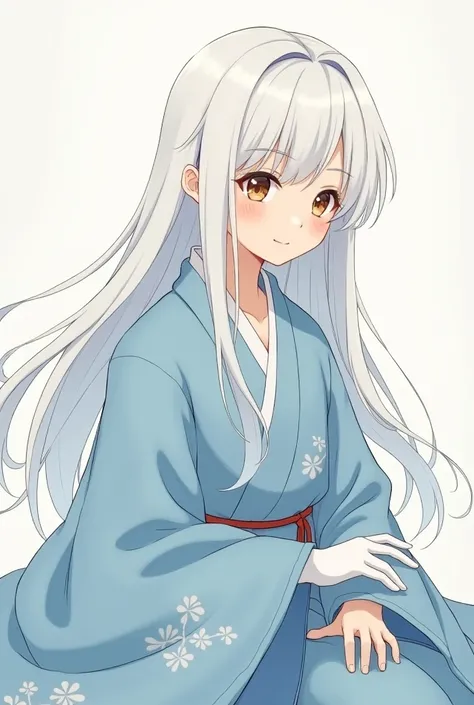 Anime pre teen Asian boy with Long Flowing White Hair, Wearing a Light Blue Traditional Japanese Long-Sleeved Robe, With Flower Patterns on it, And White Cotton Long Gloves