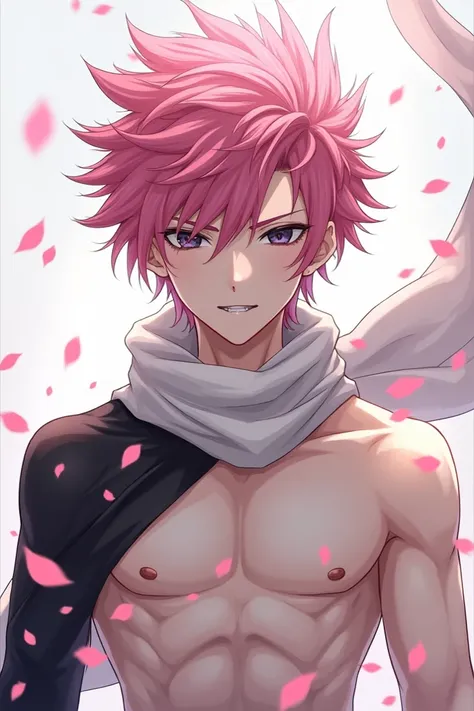  Create an anime boy with a slender muscular body his eye color should be onyx and his hair spiky and pink in cherry blossoms he should wear a white black scarf and 1,70 tall he should have small pointed canines 