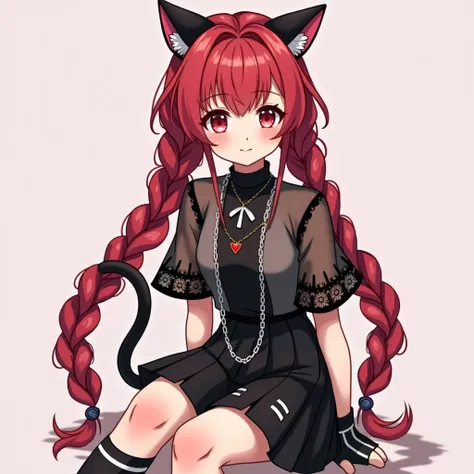  create a 2D image of a girl ,   anime, ,    with hair composed of two huge braids behind   ,    hair color red with medium-low saturation   , Classic fringe , white pele,    two strands on top of the hair   ,  Light red eyes,   very light freckles under t...