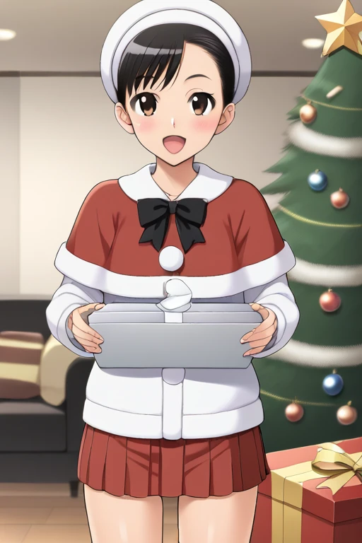 Young girl dressed in Christmas anime style， short， Christmas tree，