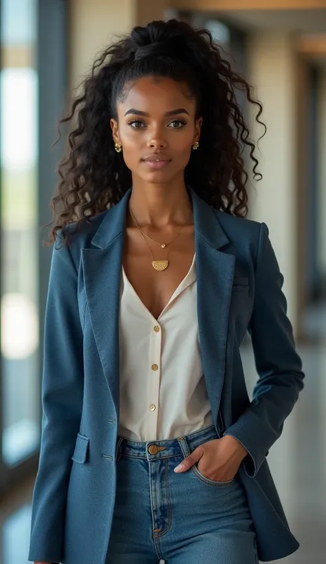 A 30-year-old woman with very long, curly black hair, tied in tight curls in a ponytail. She is wearing a casual denim outfit. She is wearing gold accessories. She is looking at the photo. The background is an upscale office with glass windows and neutral ...