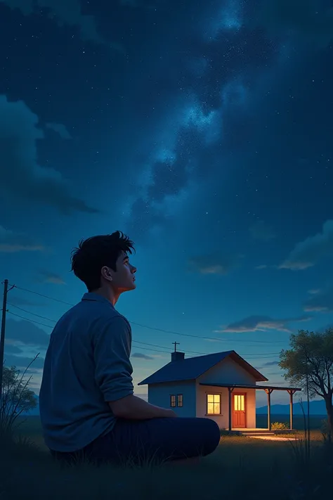 "A young man sitting outside a modest house, gazing at the starry sky with a hopeful expression."
