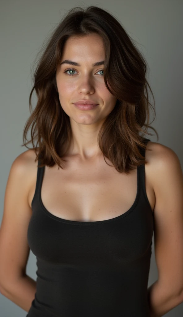 26 year old austrian woman, wavy hair, tank top, smirk, 