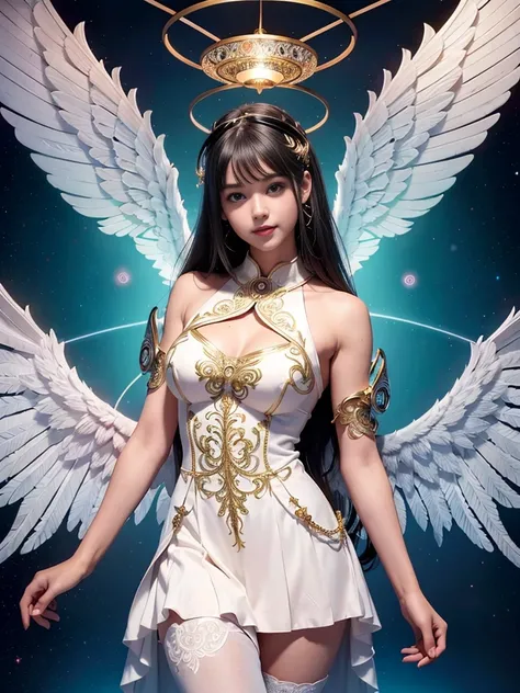 Cyborg, Girl, Beautiful girl, Cute, Sexy, Strong, Slender, Delicate, Smile, (Lolita costume), High legs, Metallic, ultra color, paisley, mandalas, Near future, Heaven, angel, feater, wing, Helix lamp, (The wings are symmetrically paired;1.5),
