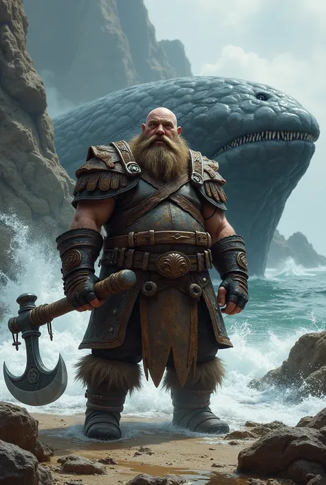 Create the image of a medieval dwarf with a whale and a throwing axe around his waist