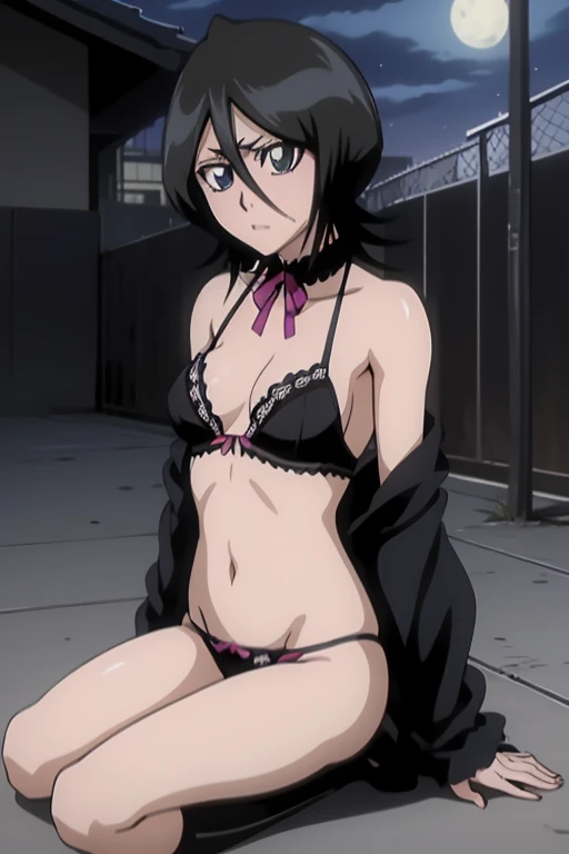  Kuchiki Rukia ,  black and pink goth lingerie in the alley in front of a nightclub, ナイトクラブの前の路地で, night, 