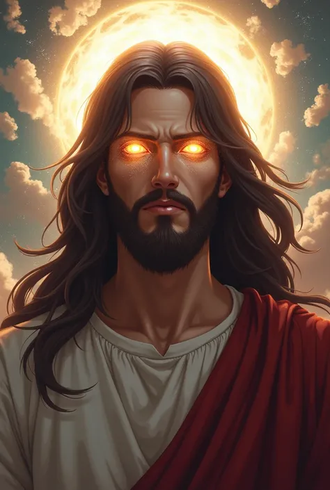 An image of Jesus with the eyes of Rinnegan from Madara in a wise way 