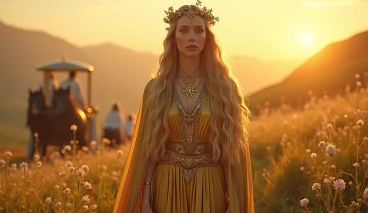 "freya,  the goddess of Viking mythology ,  portrayed in a flowery field under a twilight sky ,  with the golden light of the sun illuminating her serene and beautiful face .  She is dressed in a golden silk cloak ,  decorated with intricate embroidery and...