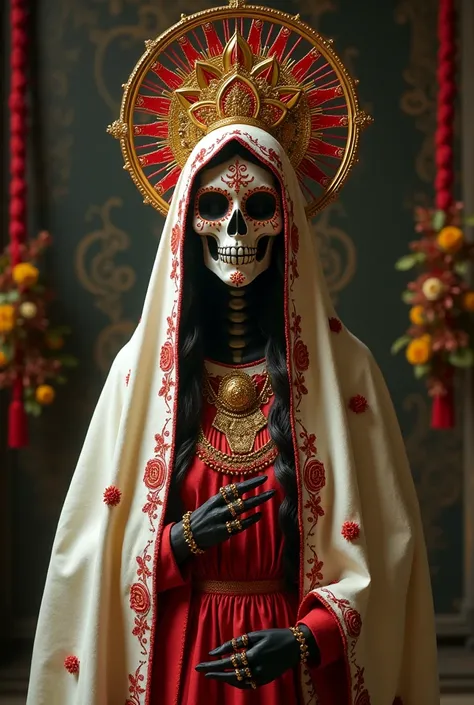 masterpiece, realism, 8k, cinematographic quality, Santa muerte statue, dia de Los muertos skull wearing long cream veil with heavy red embroidery, strong bling embroidery, dramatic gold mandala halo crown, jewelry, goddess, beautiful, full body image, red...