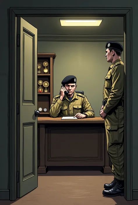  A simple and functional military command room ,  with an austere and focused environment . in the center,  a military officer ,  wearing a well-aligned khaki uniform a black beret ,  is seated behind a sturdy wooden table ,  holding a phone with a serious...