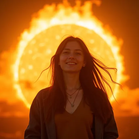 a mathematics student, (female), 25 year old, european, brown hair, hyperrealistic, ultrahd, 4k, smiling, taking a selfie on the sun