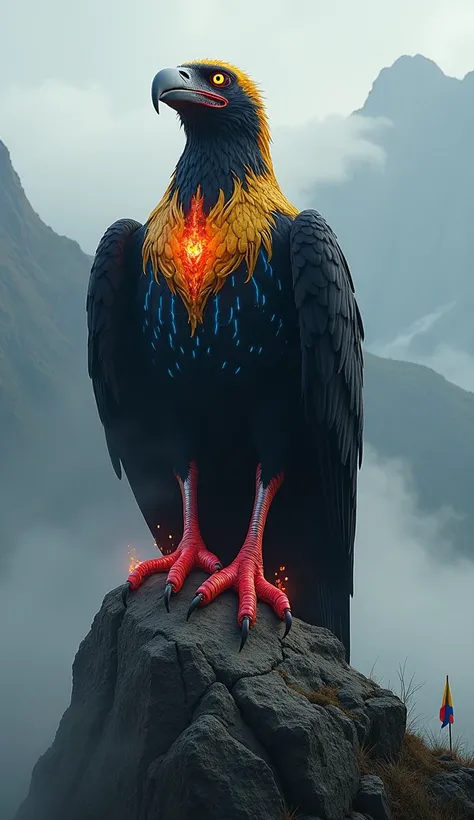  It creates a gigantic and terrifying Andean condor ,  perched on top of a misty mountain range .  Their body merges colors of the Colombian flag :  golden feathers shine like liquid fire on your chest and neck ,  while his black wings are crisscrossed by ...