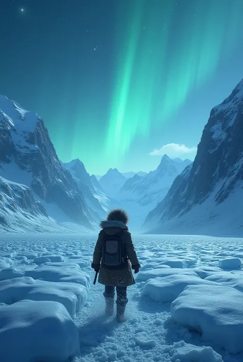 a wanderer walks on a glacier, glowing aurora borealis overhead, frozen air, snowflakes dancing,