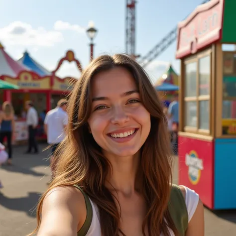 a mathematics student, (female), 25 year old, european, brown hair, hyperrealistic, ultrahd, 4k, smiling, taking a selfie on a fairground