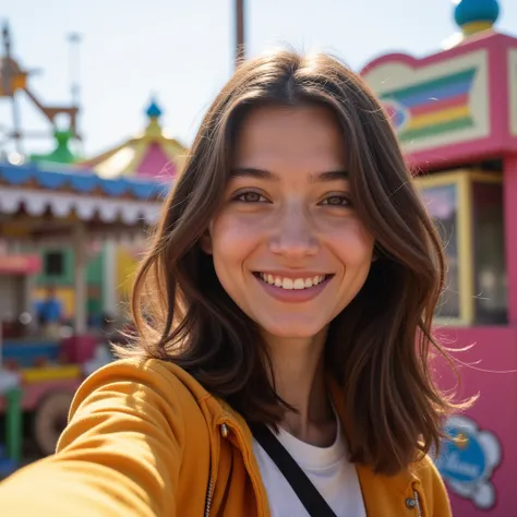 a mathematics student, (female), 25 year old, european, brown hair, hyperrealistic, ultrahd, 4k, smiling, taking a selfie on a fairground