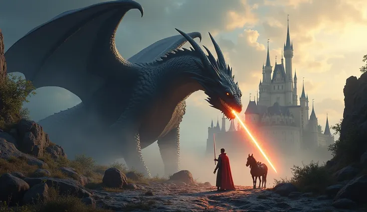 " An epic 3D Disney scene ,  with the prince facing a huge black dragon that releases burning flames.  The prince holds his glowing sword , reflecting the light of the flames ,  while his horse stands firm on the side .  The battle takes place on a rocky t...