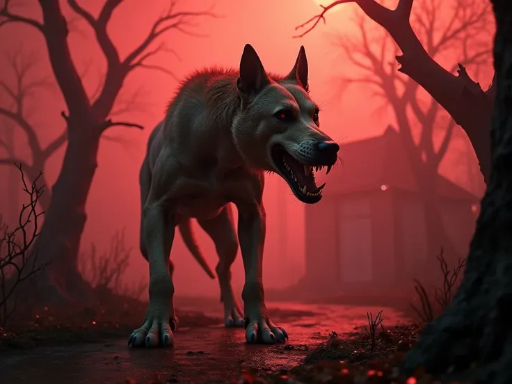 Create a photograph of a Stranger Things demodog whose height is medium and that has a creepy background like the Stranger Things series