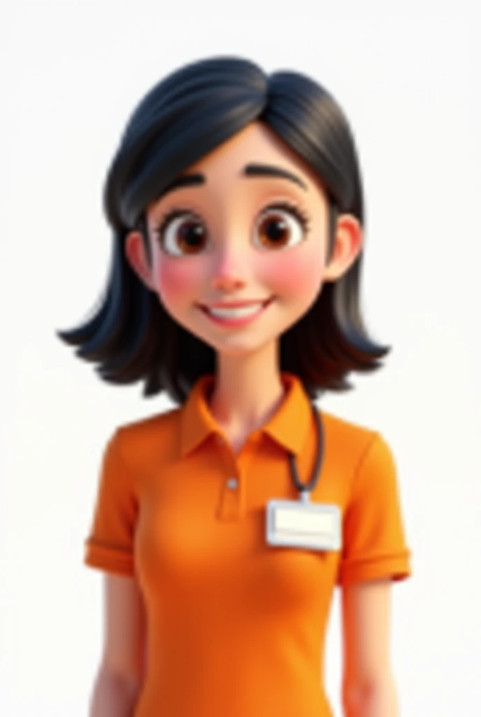 Pixar style 3D post capturing a clean white background a woman wearing an orange polo shirt wearing a work badge ,  white skin color with a round face and smiles and is happy has brown eyes and straight black hair up to her shoulders is thin, 8K
