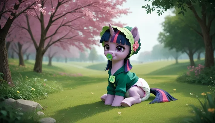 pony unicorn alone ,  Twilight Sparkle, filly , mane, gathered in a green bonnet, dark blue tail with a purple strand and a pink strand,  purple eyes, sitting outside on the grass, dressed in a green onesie,  green pacifier in her mouth , solo, thick diape...