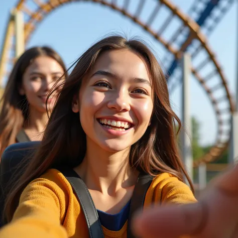 a mathematics student, (female), 25 year old, european, brown hair, hyperrealistic, ultrahd, 4k, smiling, taking a selfie on a roller coaster