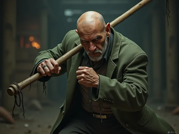 A 50-year-old bald man, thin, in a green suit. He uses a piece of wood as a weapon . dark background, sombrio, fighting game, mortal kombat