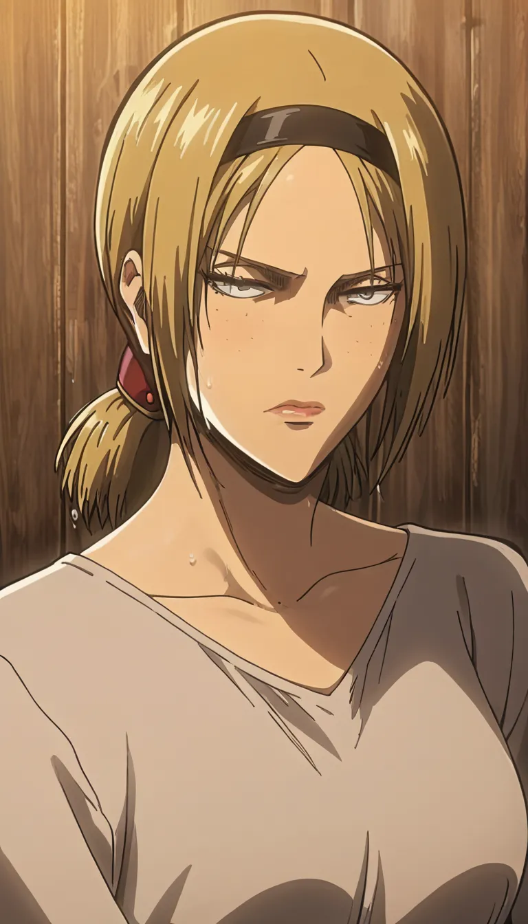 Ymir Fritz from attack on titan season 4, black headband, blonde, , serious deep eyes, wet, inside a bedroom, laying on a bed,Cowboy Shot,upper body ,Score_9, Score_8_up, Score_7_up, Score_6_up, Score_5_up, Score_4_up, Source_anime, Tag1, Tag2, Quality_masterpiece, Anatomically correct, Beautiful face, Perfect face, Highly detailed beautiful face and eyes, Attractive face, Detailed face, Delicate facial features, Detailed skin, medium breasts, Wide hips, medium butt, big butt, Thick thighs, Sensual woman, Mature female, Milf, Motherly, Seductive, 