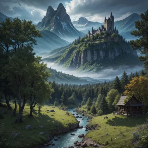 a detailed fantasy rpg landscape, lush forest, towering mountains, winding rivers, mysterious ruins, ancient castle, glowing magical portal, sweeping vistas, dramatic lighting, vibrant colors, cinematic composition, digital painting, concept art style, hig...