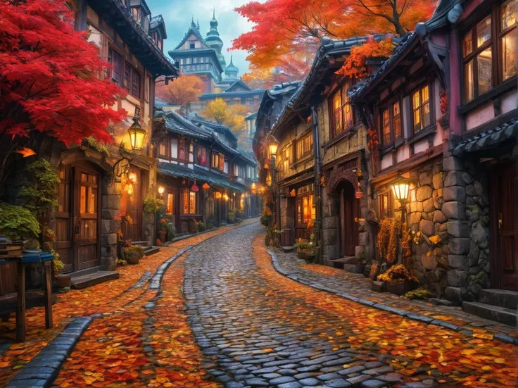 8k, 超 high definition ,  high definition ,  Movie-like ,  Movie-like  image,  intricate detail on the body, Realistic, photograph,

 fantasy art style , Mysterious,  winding cobblestone streets snaking between buildings. Late Autumn,

 vivid style , Colors...