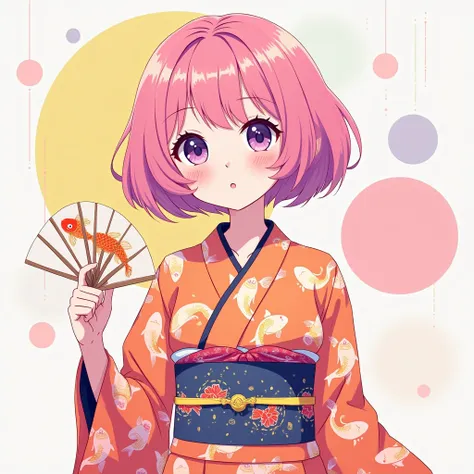 Japanese style, A delicate anime-style illustration of a girl with POP color pink hair and large, expressive violet eyes. She is wearing a brightly colored casual summer kimono with multiple goldfish patterns. The background features abstract, geometric sh...