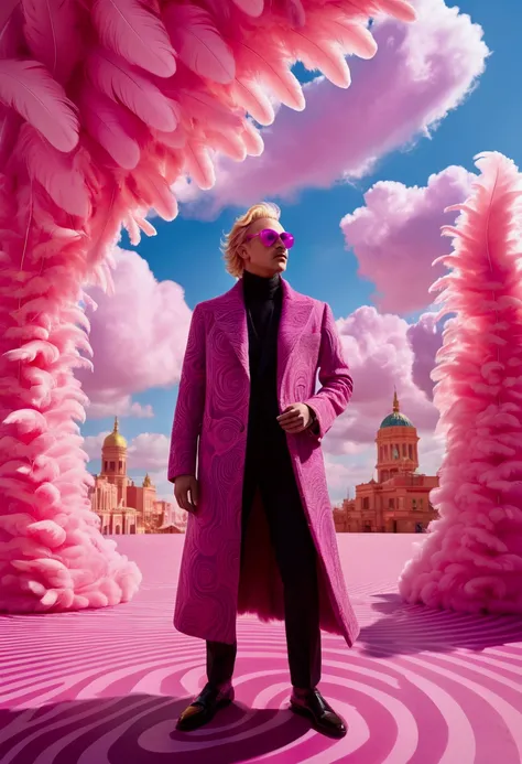  Doflalamingo donqixote a man with blond hair pink sunglasses and sunglasses,  wearing a long coat of vibrant pink feathers .  He is in a surreal setting where the sky is full of intense colors , like purple, orange and yellow,  forming abstract and undula...