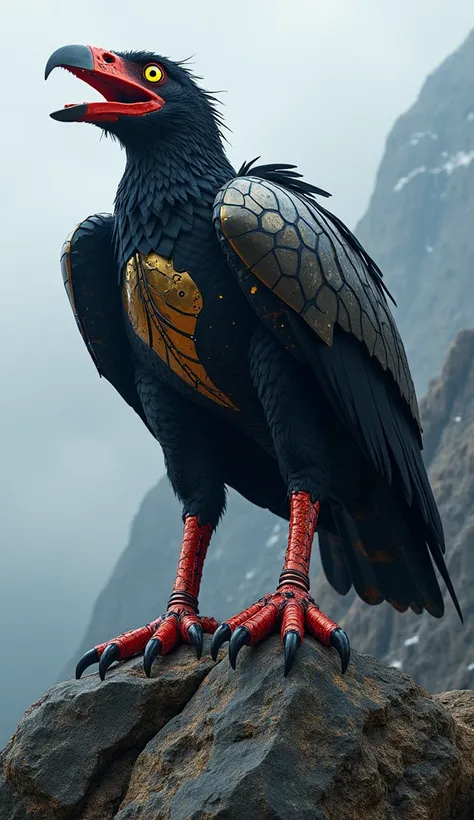  Design a gigantic and ultramodern Andean condor ,  design reinvented as a terrifying being of colossal proportions .  Its design must combine extreme biology with advanced technology ,  incorporating the colors of the Colombian flag in an impressive way ....